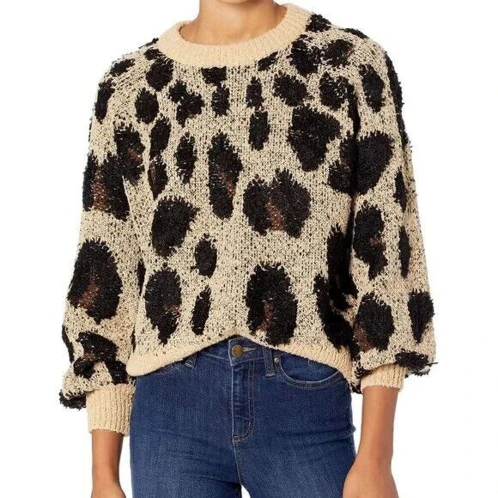 Mud Pie Large Sweater Linden Boucle Fuzzy Knit Cheetah Print‎ White Black NWT